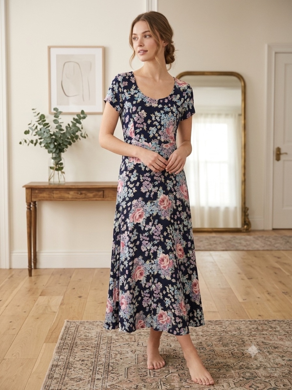 Scoop-Neck Floral Maxi Dress in Navy and Pink